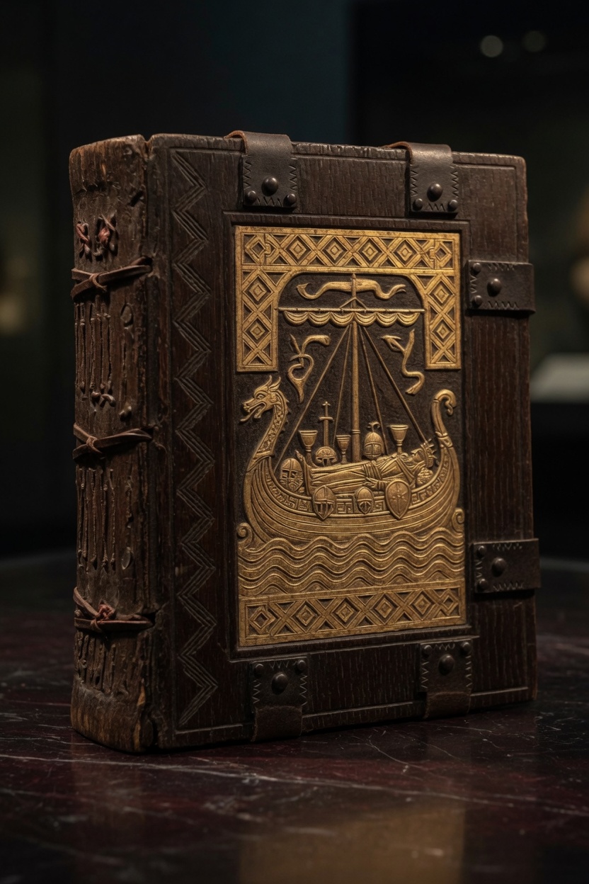 Closed oak book standing on a dark table, gilt panel of a dragon-prowed ship carrying a king