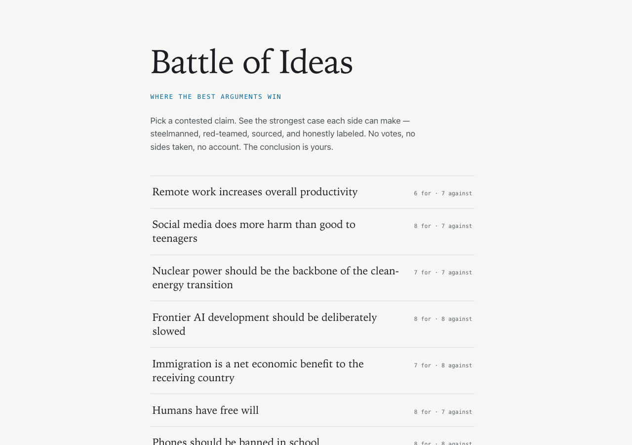 Battle of Ideas home page with a full-width two-sided argument preview