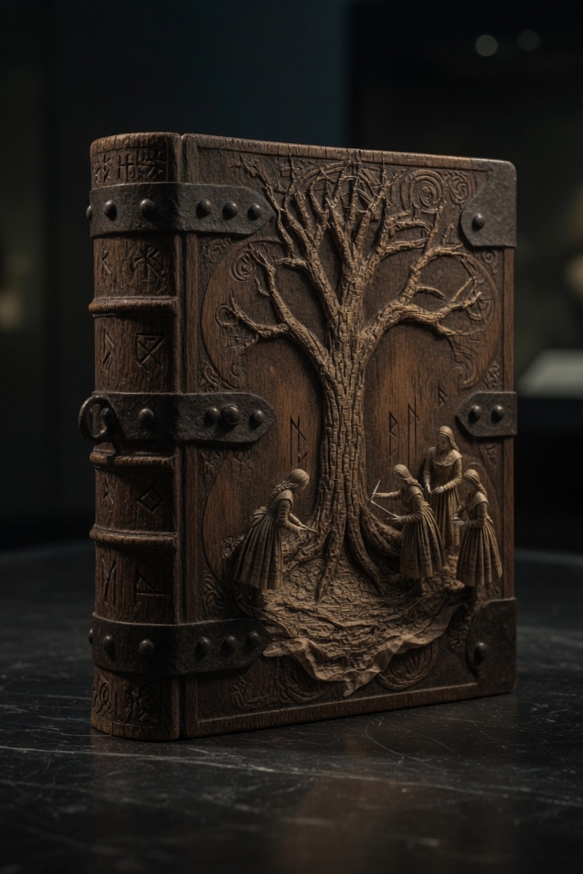 Closed oak book with iron mounts, the cover carved as an ash tree and three women at its roots