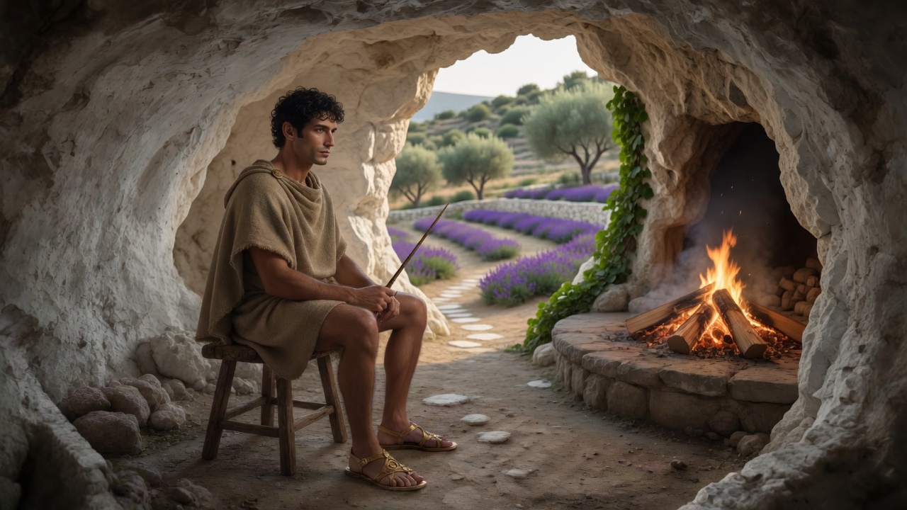 A man in a short traveler cloak sits on a stool in a lime-washed cave, gold sandals, a thin wand, hearth fire to the right, gardens through the mouth