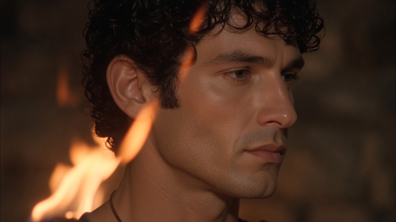 Close three-quarter portrait of a grown beardless man with dark curls, firelight on one side, no winged hat