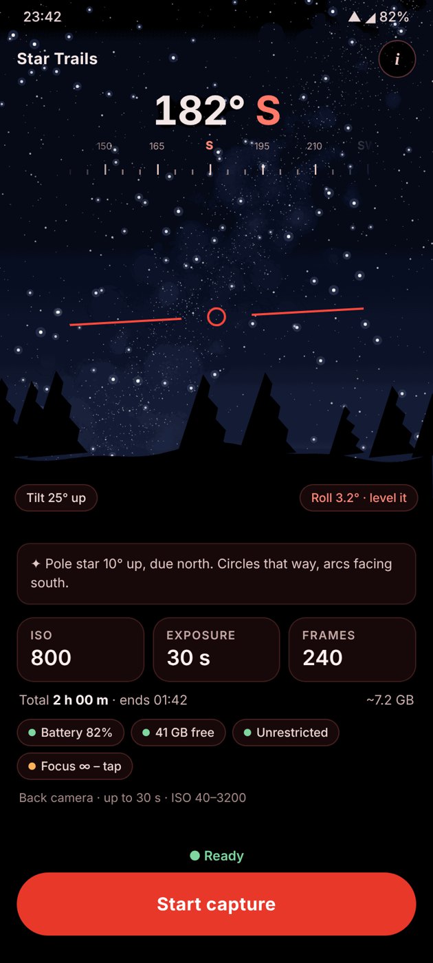 Design mockup: compass heading 182 degrees south over a starry sky, a level line, and controls for ISO, exposure and frames below with a Start capture button