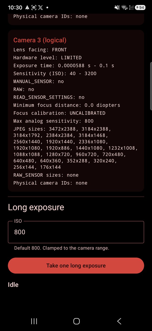 Phone screenshot: a list of camera properties ending in an ISO field and a Take one long exposure button, status Idle