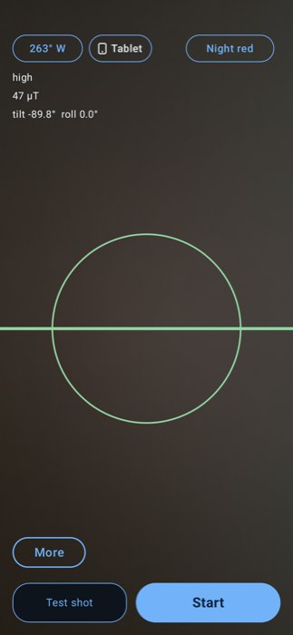 Phone Aim screen: heading 263 degrees west, Tablet chip, Night red, sensor lines, a green level line through a circle, Test shot and Start buttons