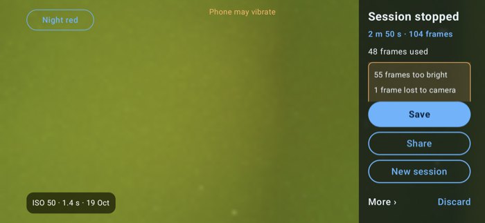 Phone summary panel: Session stopped, 2 m 50 s, 104 frames, 48 frames used, 55 too bright, 1 lost to camera, with Save, Share and New session buttons