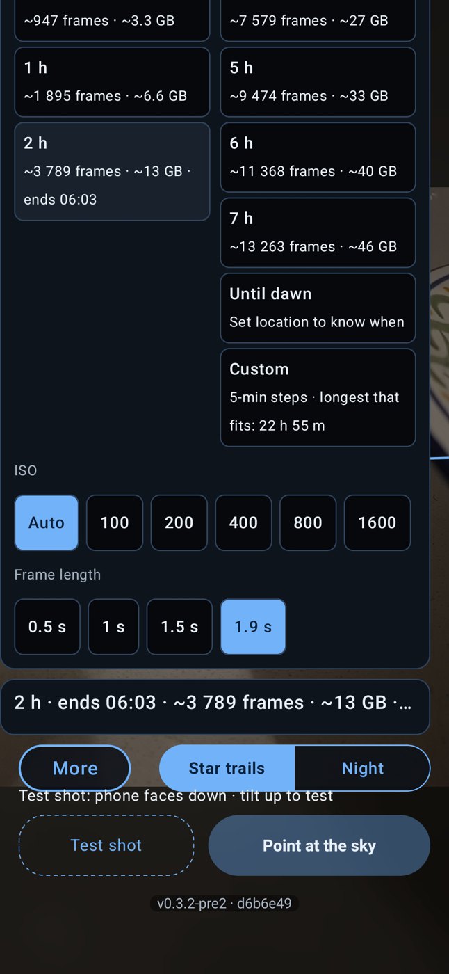 Phone length sheet listing run lengths from 1 to 7 hours with frames and gigabytes for each, ISO and frame length picks, and a plan line ending in an ellipsis
