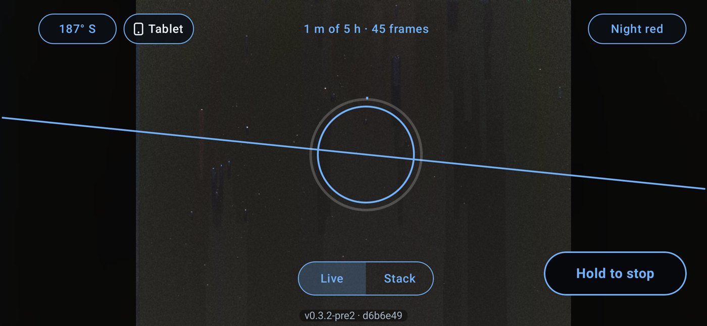Phone shooting screen in landscape: heading 187 degrees south, Tablet chip, 1 m of 5 h, 45 frames, Live and Stack switch and Hold to stop