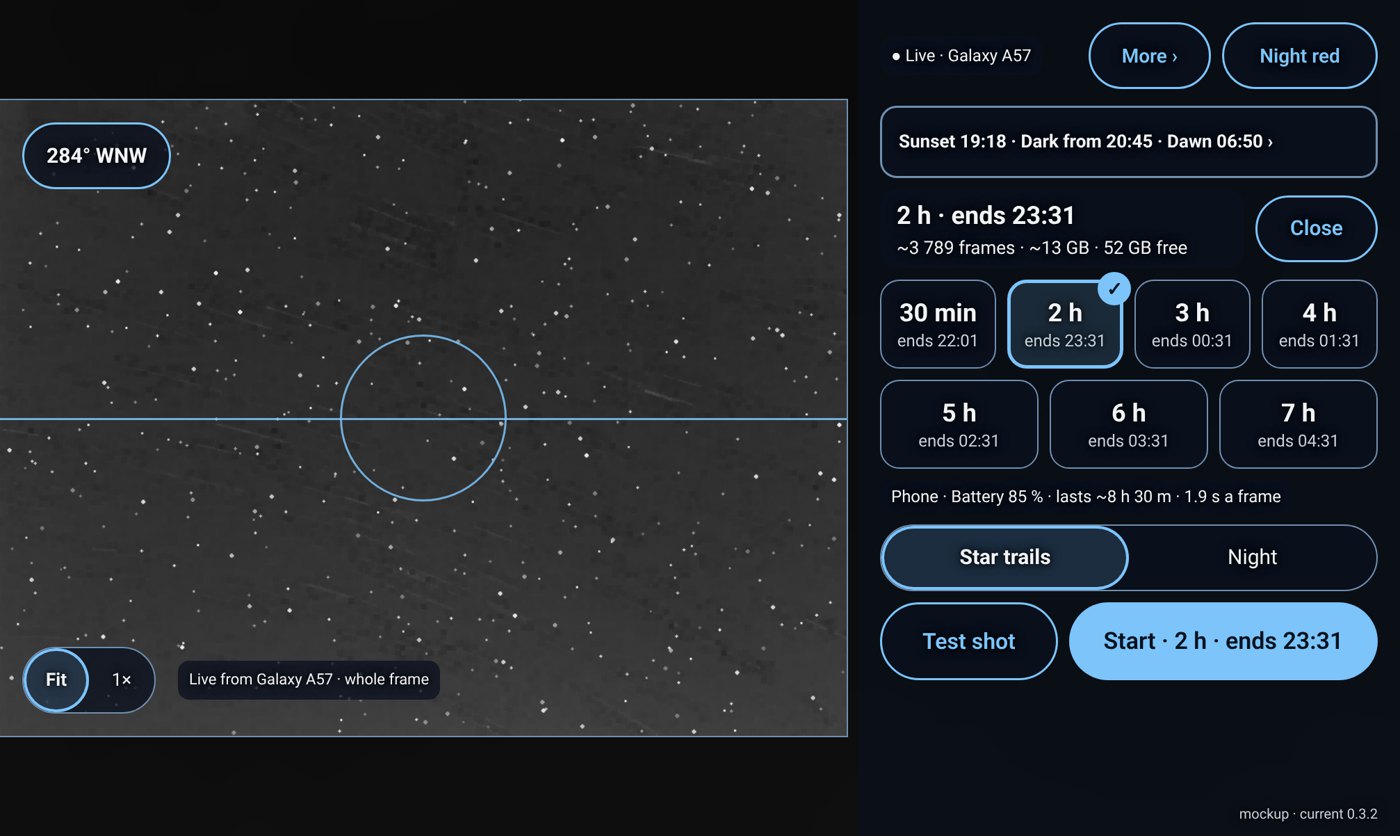 Tablet mockup: live view from the phone on the left, on the right the sun line, a grid of run lengths from 30 min to 7 h with end times, phone battery estimate and a Start button