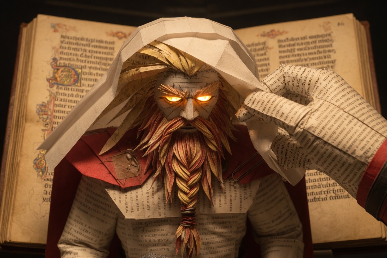 Paper sculpture of Thor as a bride, veil lifted, eyes lit, a manuscript hall behind him, a paper hand at the cloth