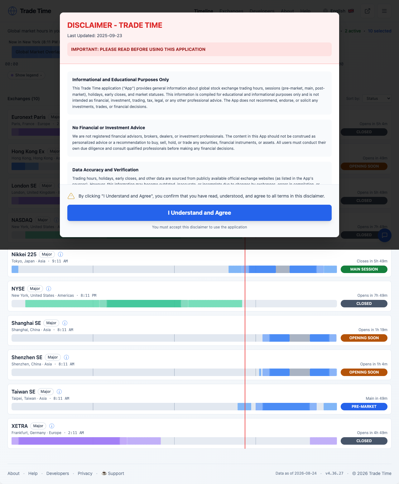 Trade Time home page showing market status cards across world exchanges